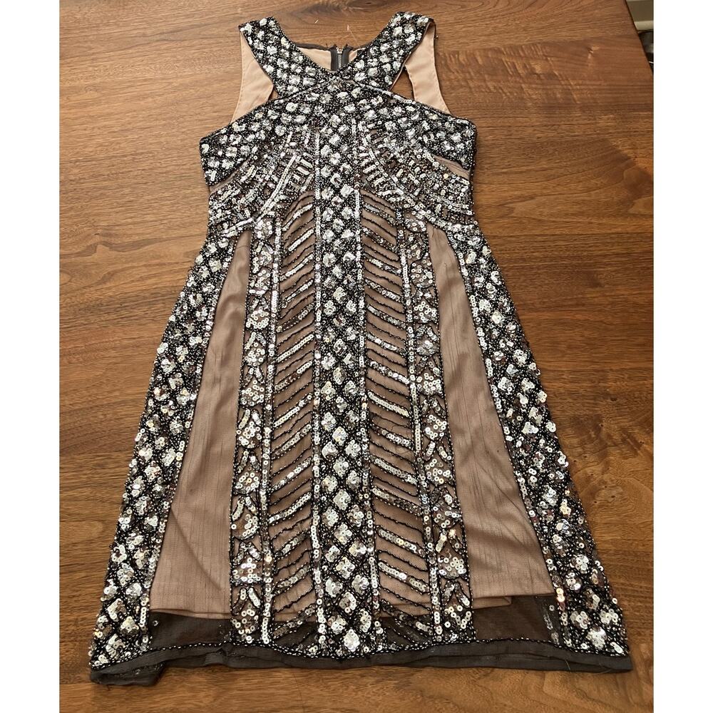 Verty Sequin Cocktail Dress Small Black Silver Nude‎ Mesh Illusion Party - Picture 2 of 11